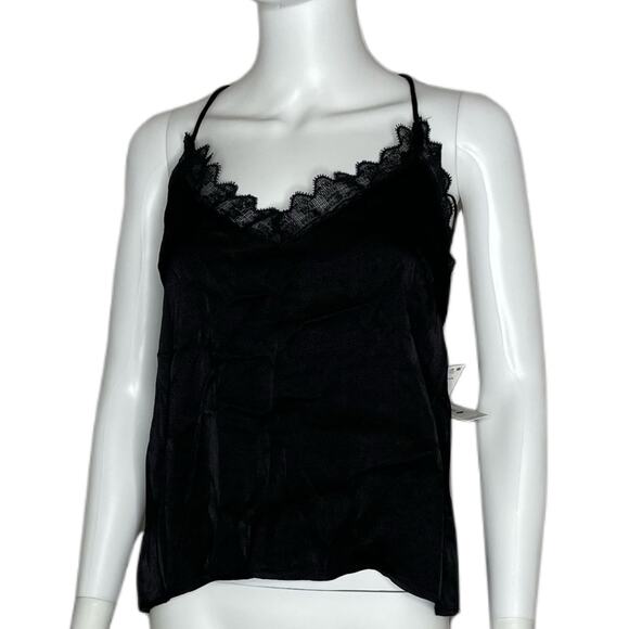 Aqua Women's Black Lace Trimmed V-Neck Lightweight Halter Lacey T-Back Tank sz S - Picture 1 of 3